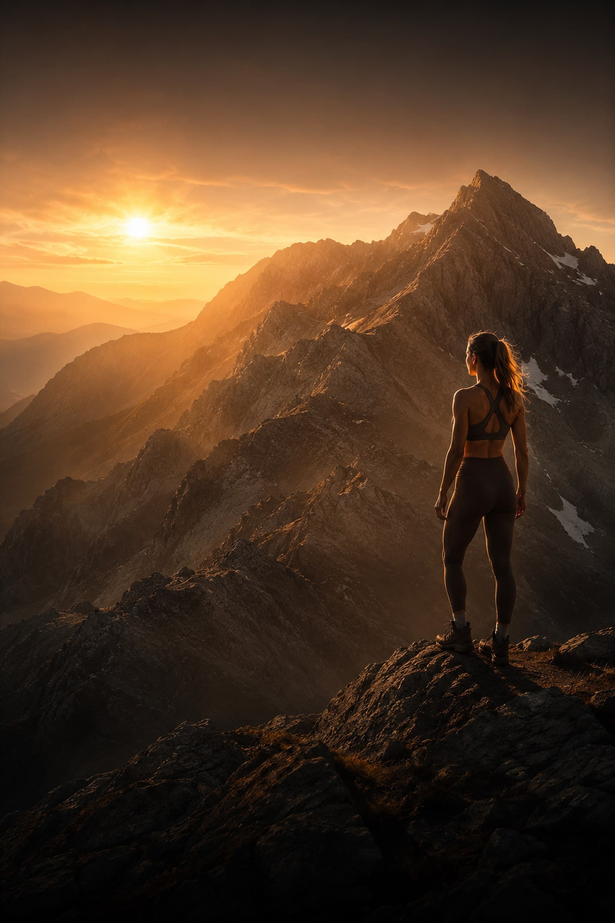 A creator standing on a mountain summit at golden sunrise