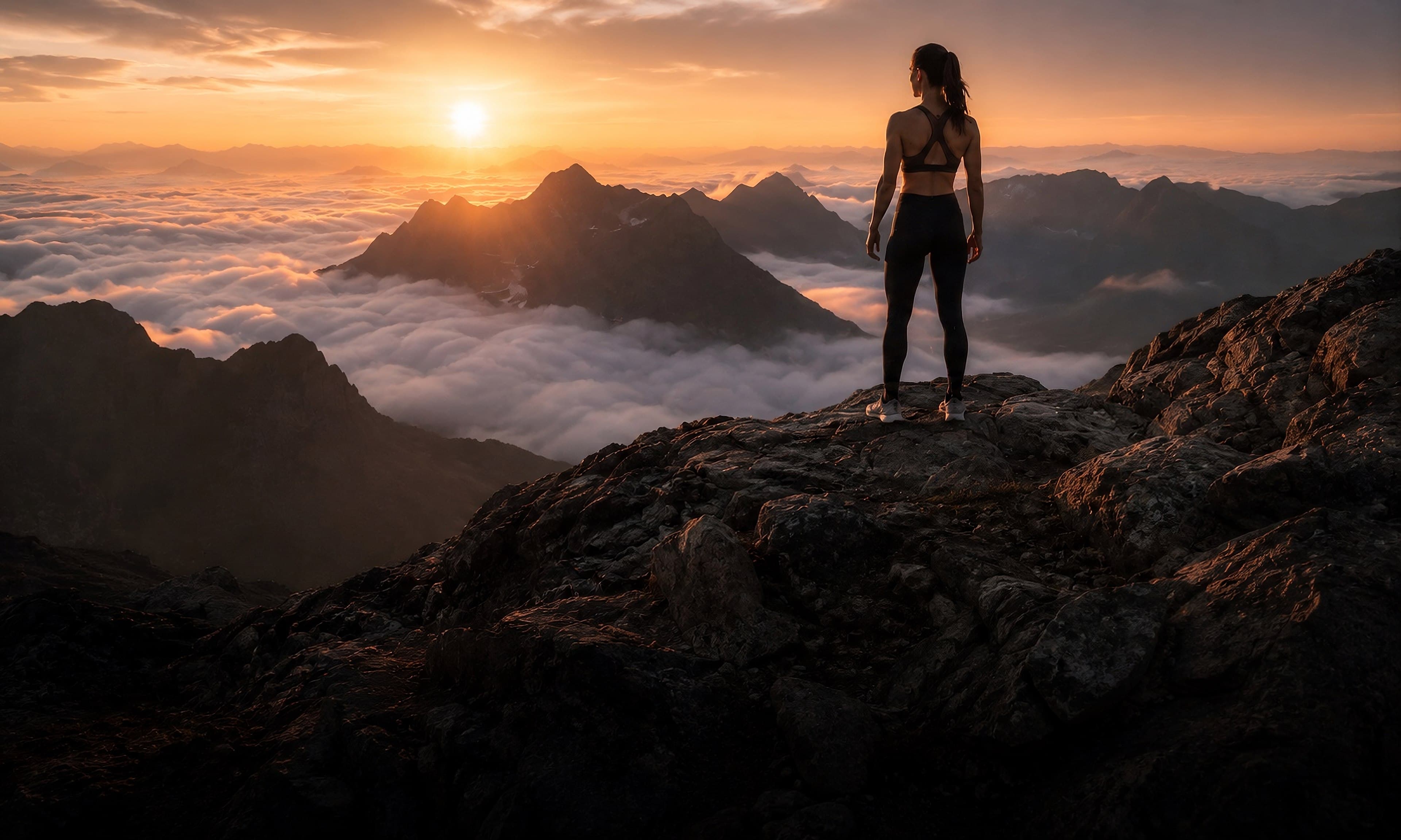 A creator standing on a mountain summit at golden sunrise